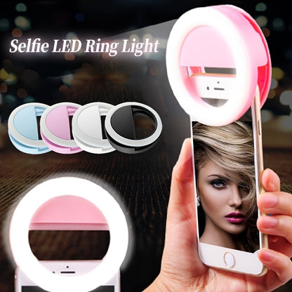 Portable LED ring light for phone to enhance face beauty during live streaming and selfies.