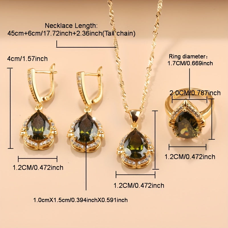 Exquisite 5-Piece Teardrop Jewelry Set including Earrings, Necklace, Pendant, and Ring - Crafted with Synthetic Stones, 18K Gold Plated Copper adorned with Zirconia - Ideal for Everyday Wear and Special Occasions like Weddings, Thanksgiving - A