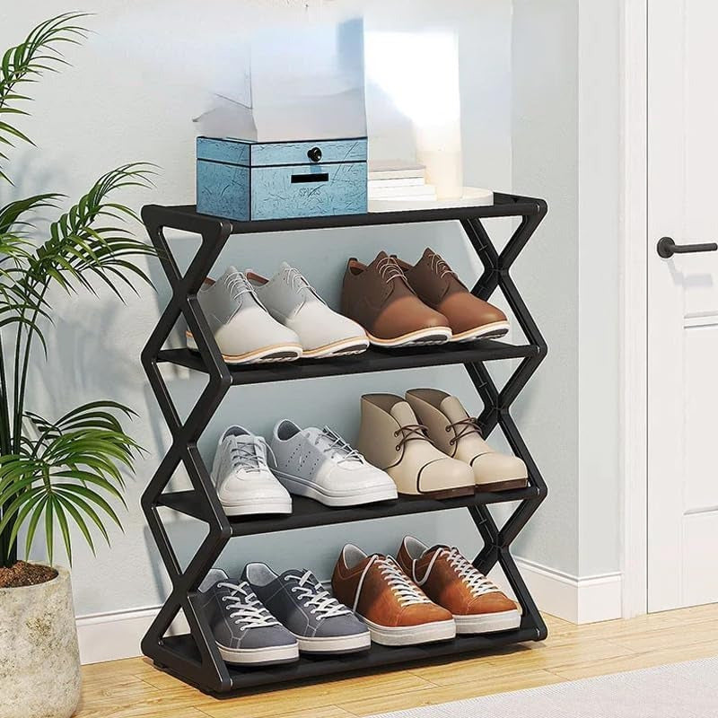 Contemporary Black Plastic Shoe Rack Organizer with 4 Tiers, Foldable Design for Space-Saving. Sturdy Frame, No Electricity Required. Perfect for Closet, Entryway, Bedroom, Floor, or Outdoor Use.