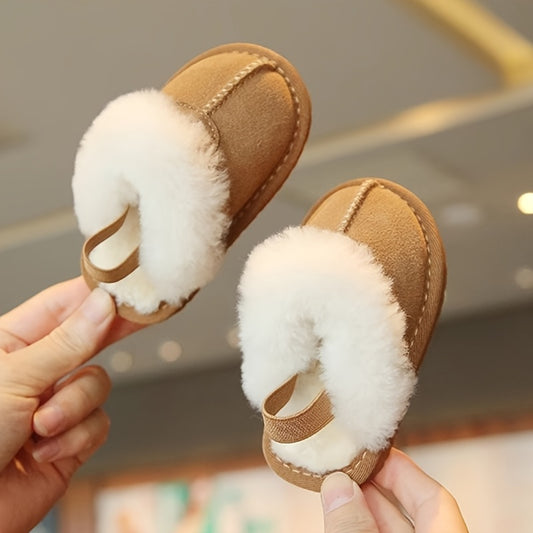 Soft and cozy plush baby girl slippers with non-slip sole for indoor comfort, perfect for 0-1 year olds in spring and fall.