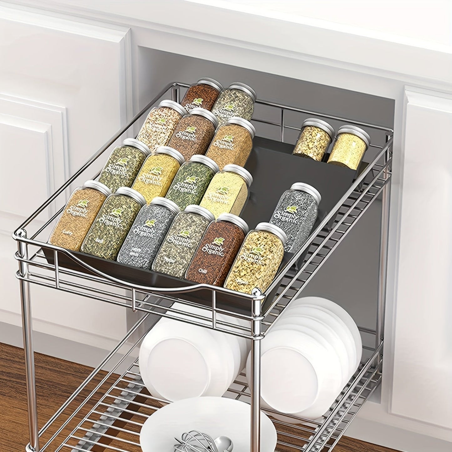 The TheaPro Adjustable Plastic Spice Drawer Organizer comes in a convenient 2-pack, with an expandable 4-tier design that fits neatly in kitchen cabinet drawers or countertops. This seasoning rack tray insert requires no assembly, making it easy to start