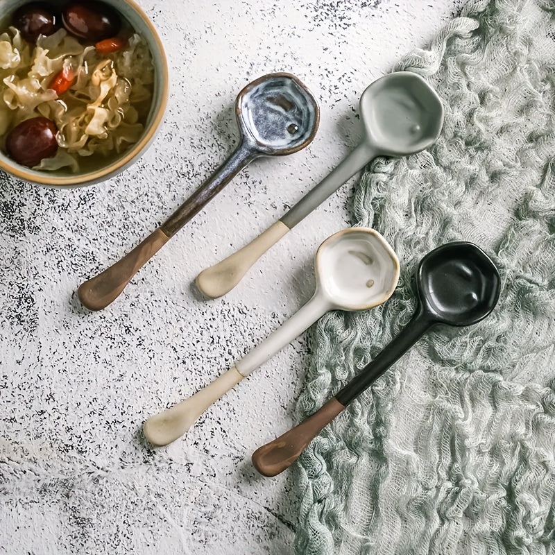 Get a set of stylish Retro European Style Ceramic Coffee Spoons - includes 4 pieces. These heat-resistant spoons are perfect for stirring coffee, salads, breakfast, or soups at family gatherings. Ideal for use in kitchens, dormitories, or restaurants. A