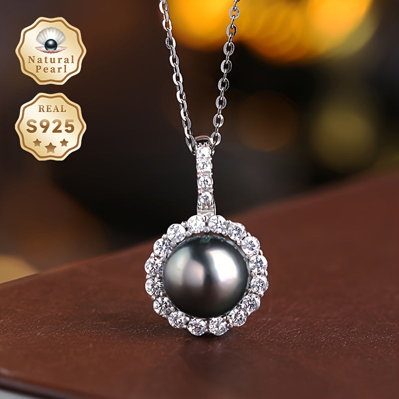 Stunning Black Pearl Necklace for Women, Featuring 8-9mm Round Shiny Saltwater Pearls, Suspended from an S925 Sterling Silver Pendant in a Gift Box - Genuine Gemstone, Perfect for June Birthdays, Inspired by Polynesian Tahitian Designs, Unique Color