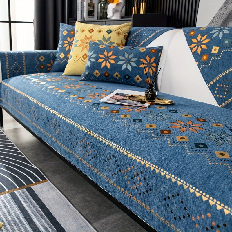 Bohemian four seasons chenille sofa cover with geometric embroidered pattern, offers sofa protection and non-slip feature for home decoration in bedroom, office, and living room.