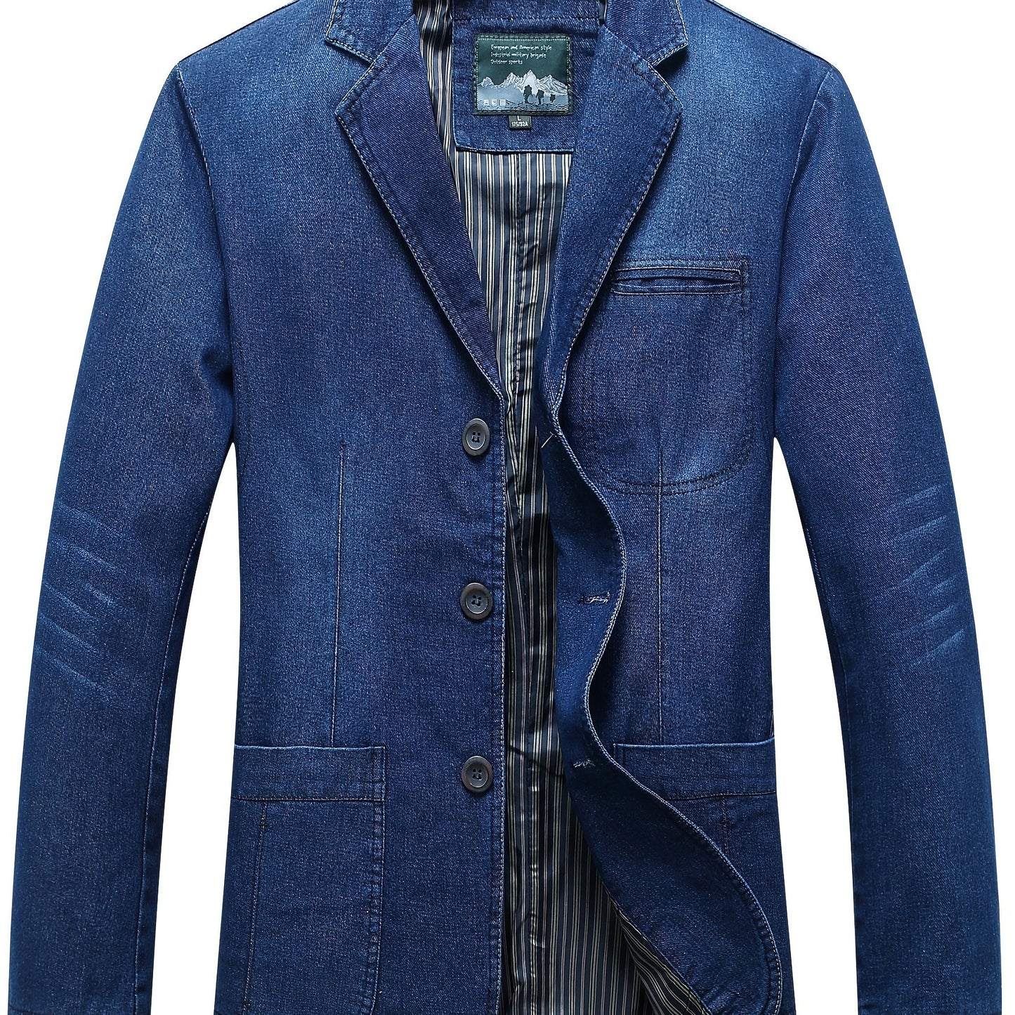 Men's Casual Denim Blazer with Long Sleeve, Button Closure, Flap Pockets, Striped Collar, Water-Resistant, Loose Fit for Spring/Fall.