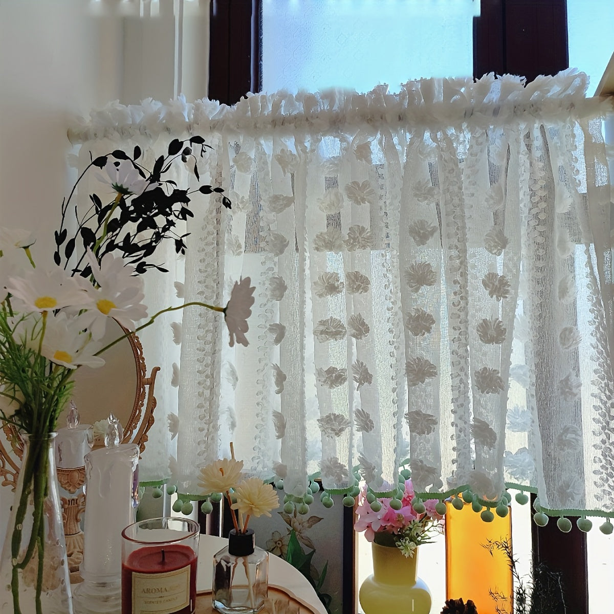 1 piece of small French-style kitchen curtains, American-style door curtains. Also suitable for half curtains, partition curtains for the living room, office, or home decor.