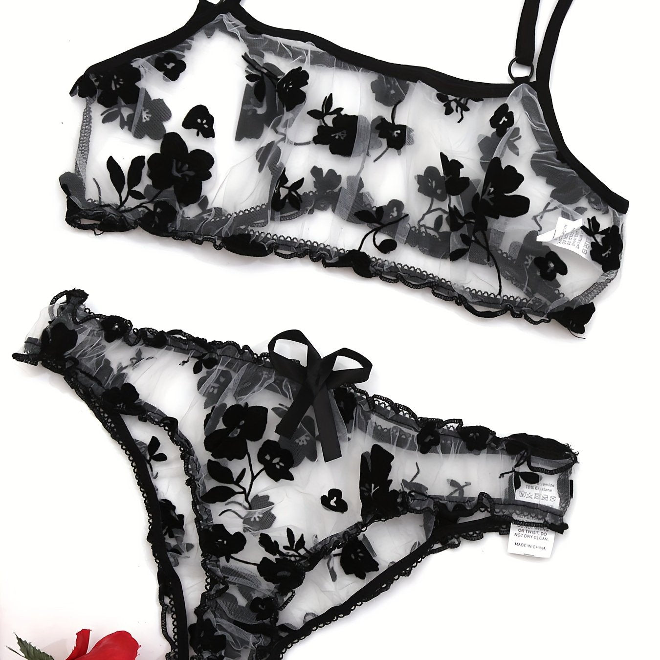 Sexy mesh flower lingerie set with transparent details - adult size, 2 pieces