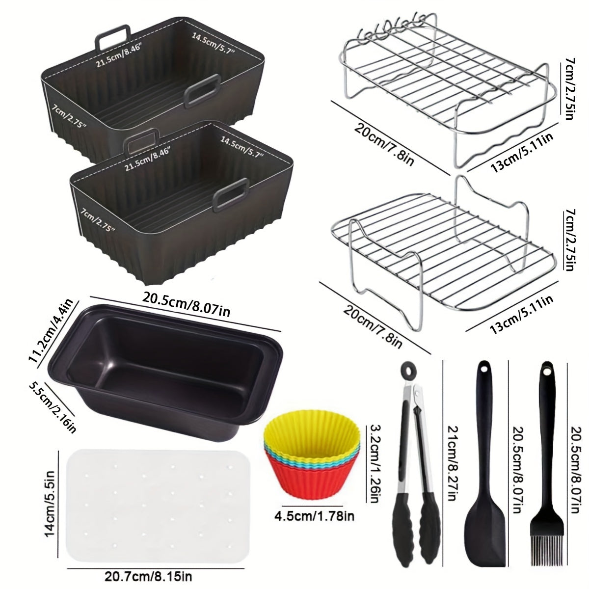 Air Fryer Accessory Kit containing 10 pieces, designed to be compatible with Ninja AF300UK, AF400UK, and AF451UK models as well as Tower T17088, Salter, and Cookwise air fryers. This kit includes a stainless steel rack, silicone liner, carbon steel bread