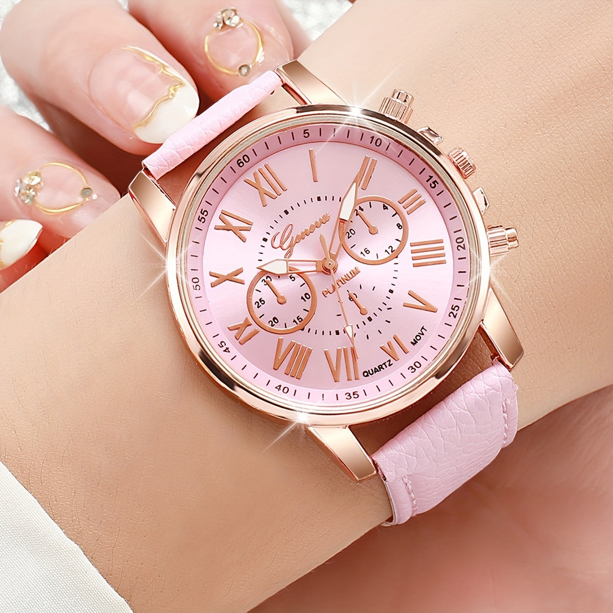 4pcs/set Black, white, pink fashion quartz watch with Roman scale dial for women does not include watch box.