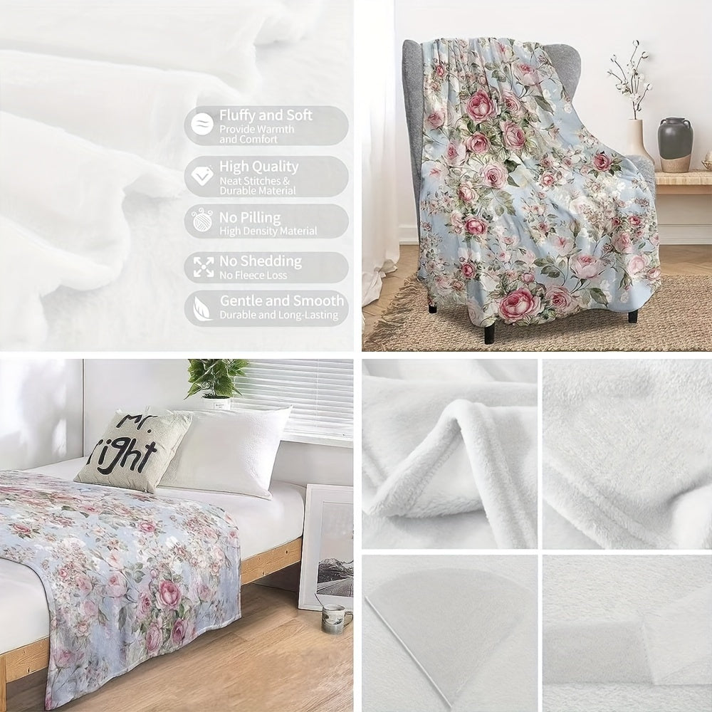 Soft and cozy flannel blanket featuring a beautiful floral rose print, perfect for using on the couch, sofa, in the office, on the bed, while camping, or during travel.