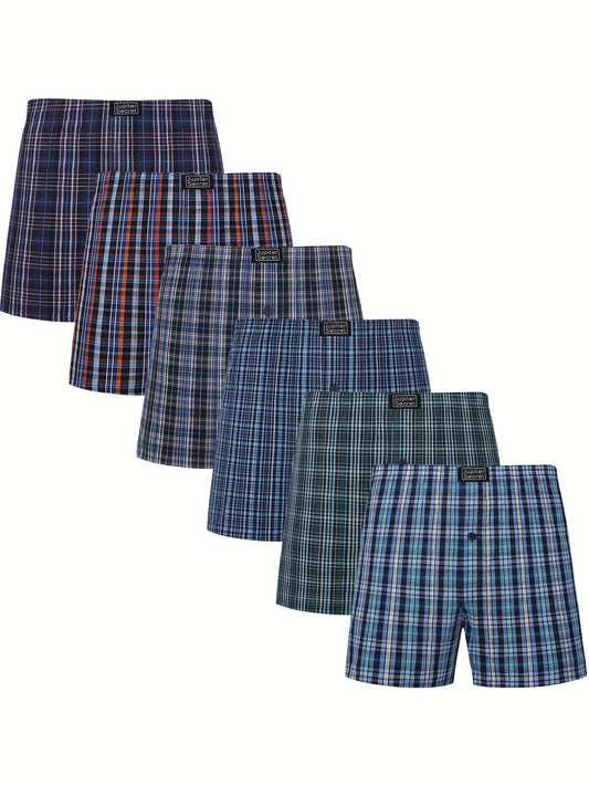 JupiterSecret Men's 6-Pack Plaid Boxer Shorts, 100% Cotton, Elastic Waistband, Loose Fit, Woven Fabric, Button Detail, Casual Wear, Assorted Patterns