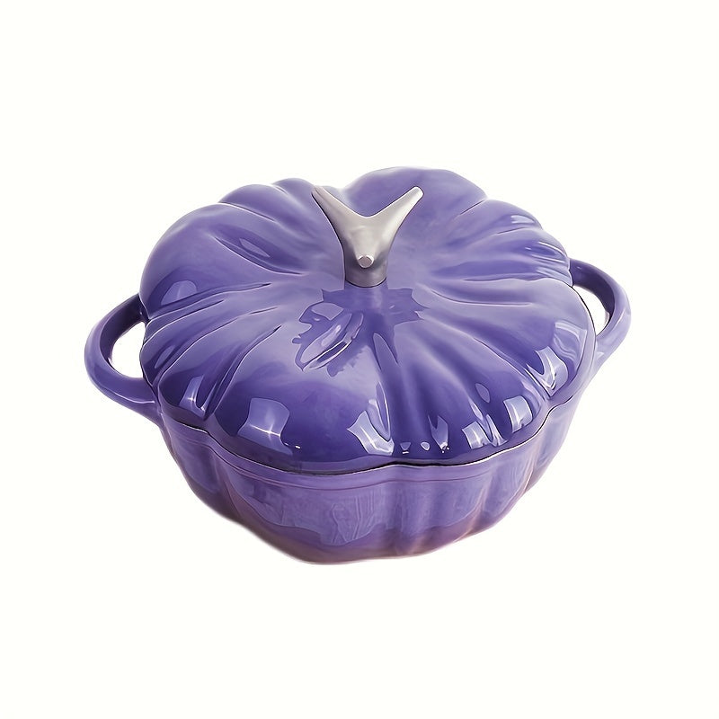 This versatile pumpkin-shaped enamel cast iron pot is perfect for the home, ideal for making soups. It is non-stick and can be used on induction, ceramic, electric, halogen, and gas cooktops.