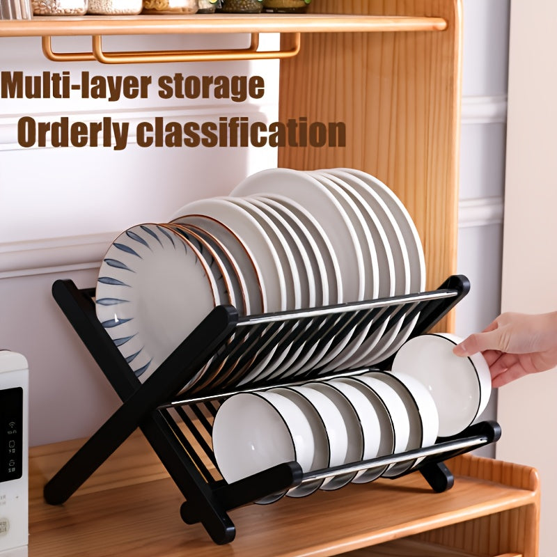 Elegant Black and White Multi-Layer Dish Rack: A Stylish Space-Saving Solution for Your Kitchen Storage Needs. Constructed with Durable Plastic and Metal, Featuring an Open Shelving Design. No Assembly Required for this Classic Dish Rack that Doubles as