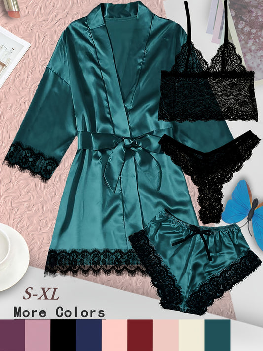 Women's loungewear set with lace detailing, robe, V neck cami, panties, and shorts.