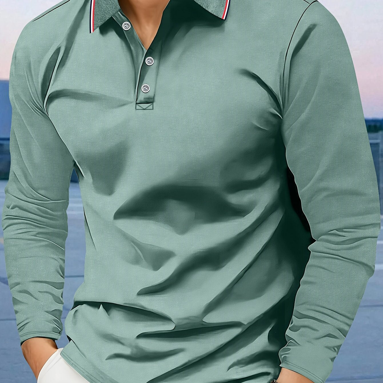 Men's casual polo shirt with breathable comfort fabric, long sleeve turn-collar, solid color, regular fit, knit fabric, 100% polyester, button details, suitable for the fall season -