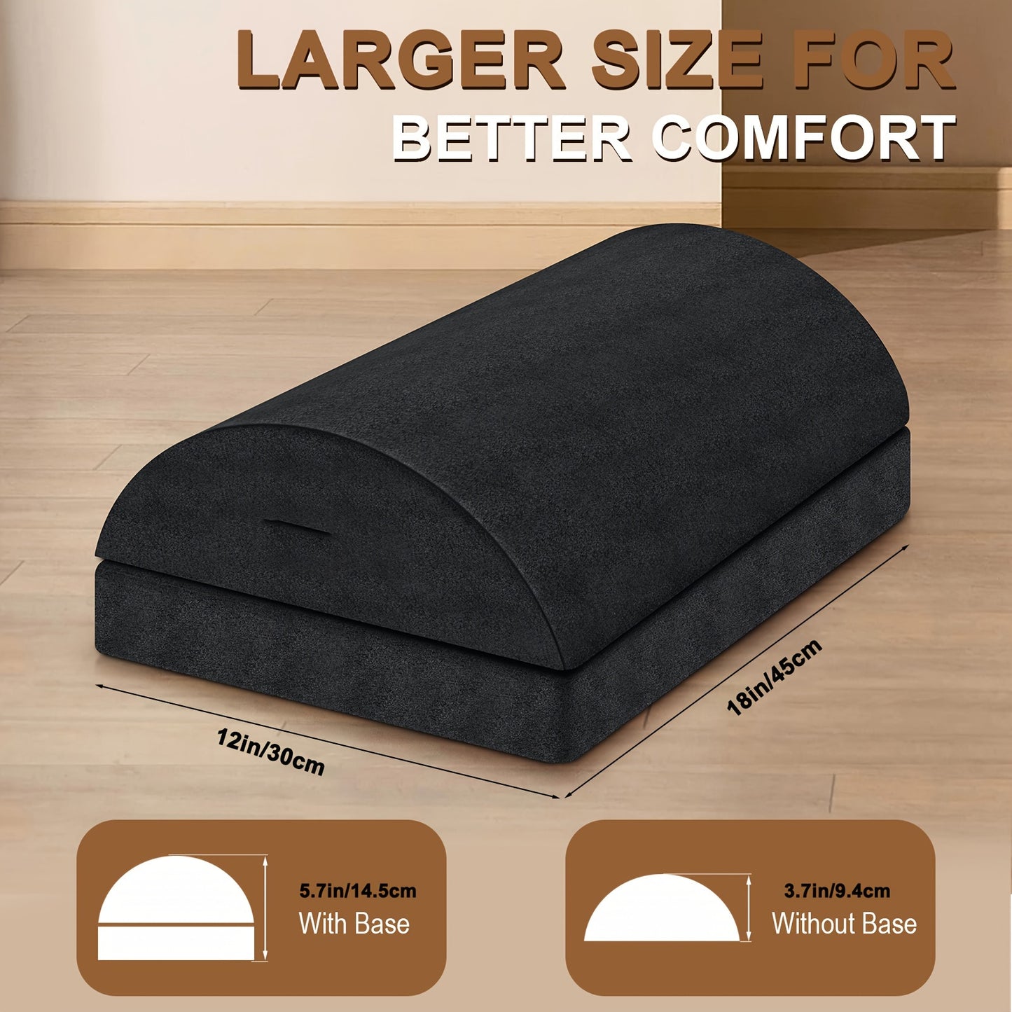 Versatile foot rest with washable cover and 2 adjustable heights for work, car, home, and office.