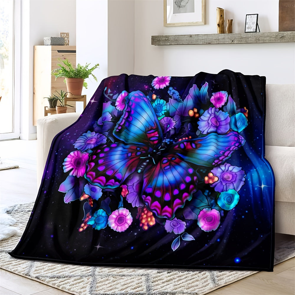 One piece of a purple floral butterfly blanket with digital printing, made from cozy lightweight flannel material perfect for sofa, bed, travel, and camping. This fleece throw blanket is ideal for living rooms, offices, couches, chairs, and beds.