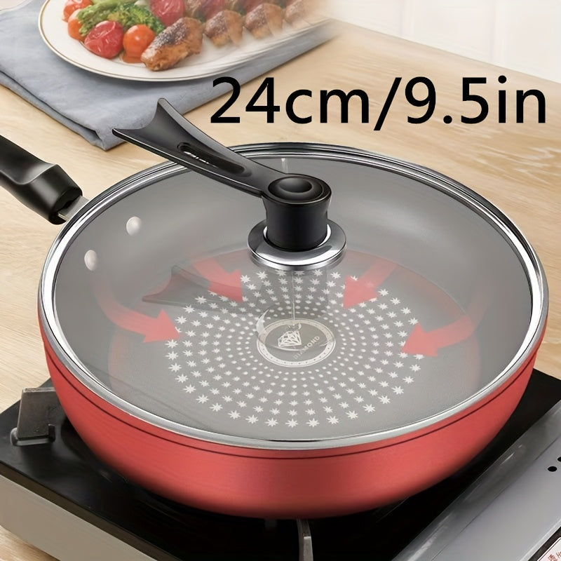 Small, flat bottom 24cm skillet made of non-stick cast iron with lid. This dual-use pan is perfect for cooking pancakes and more, designed to be used on both induction and gas stoves for a smokeless cooking experience.