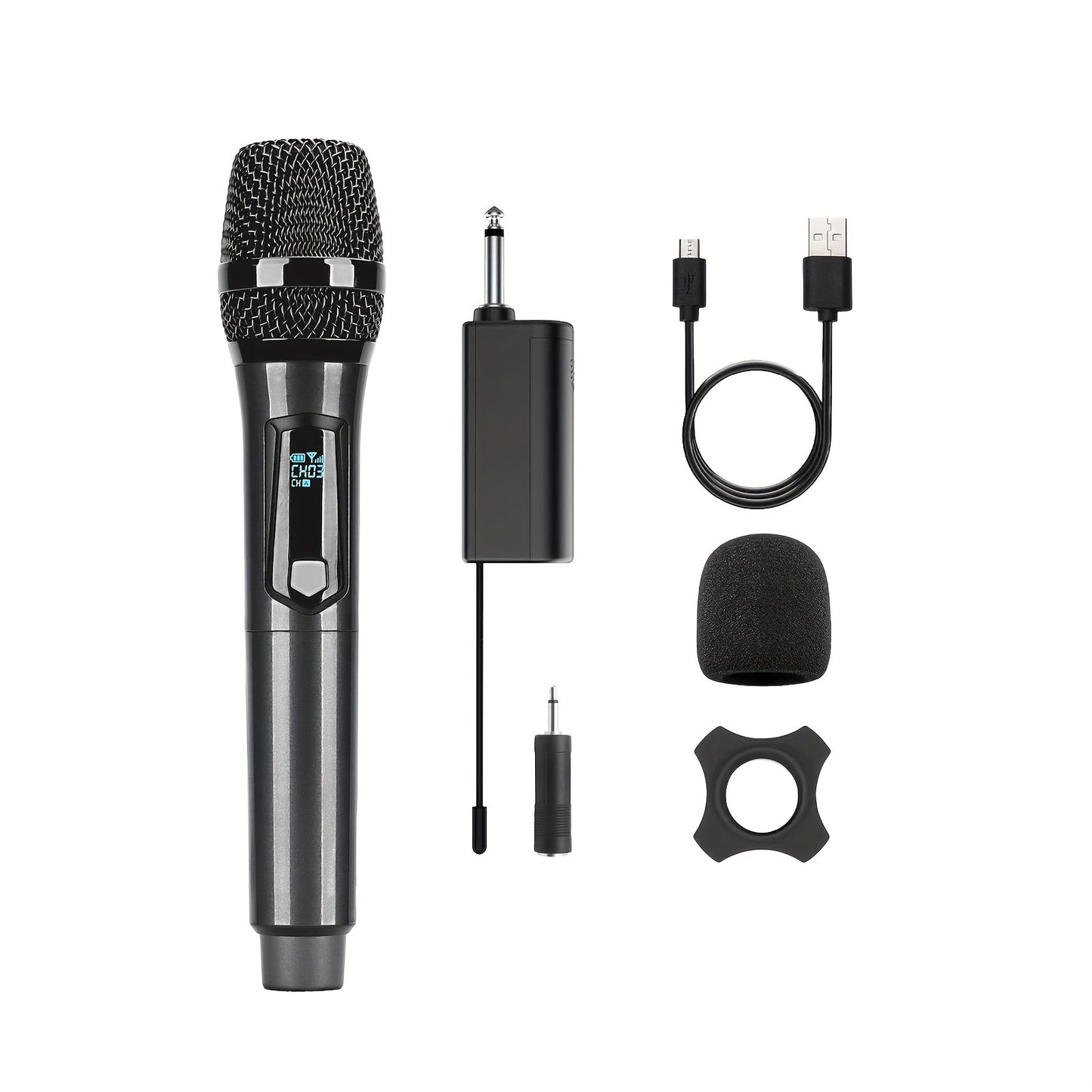 Universal wireless microphone with dual channels, rechargeable, plug-and-play, suitable for various uses such as karaoke, speeches, weddings, church services, and public address systems.