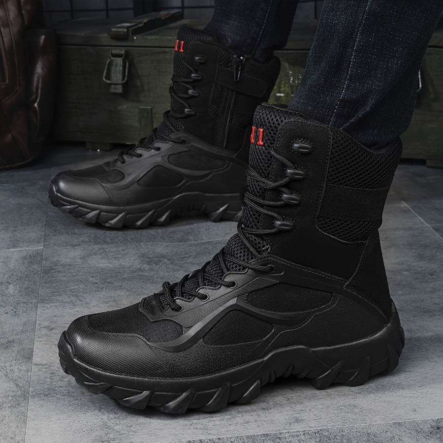 High-top tactical boots for men in beige stripe pattern, featuring a comfortable lace-up design with a non-slip EVA sole. Durable and versatile for outdoor adventures and casual wear