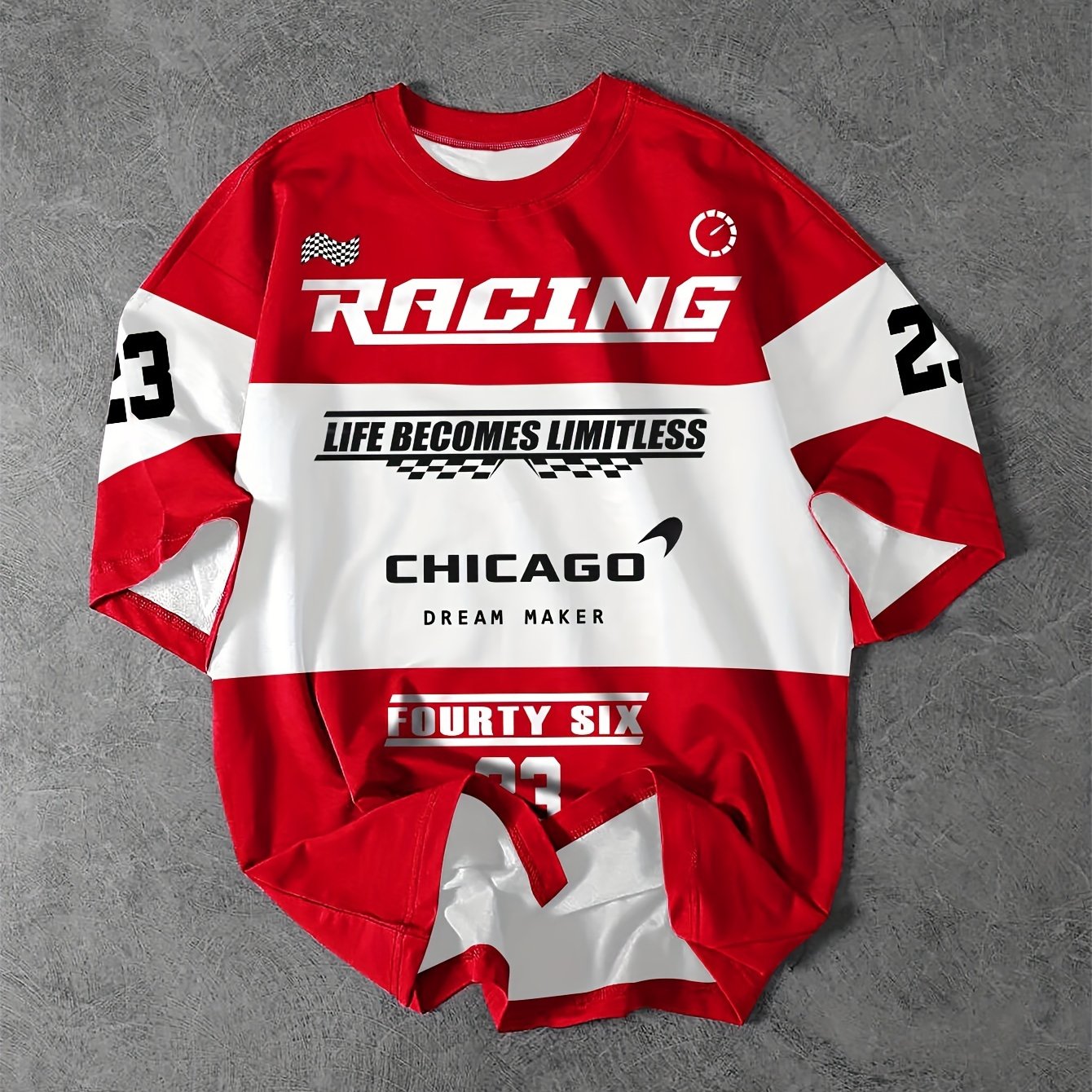 Men's Casual Chicago Racing Graphic Tee in red and white print. Made of polyester, crew neck, short sleeve, suitable for summer wear. Non-transparent with letter pattern, sporty urban tee.