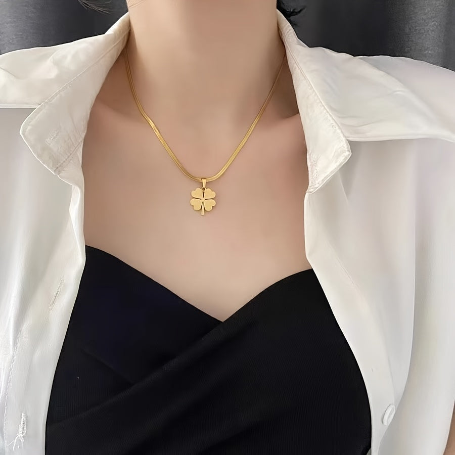 Classic Four-Leaf Clover Jewelry Set, Made with 18K Gold Plated Stainless Steel - Set of 4 Pieces: 1 Necklace, 1 Bracelet, and 2 Earrings Perfect for Everyday Wear - Simple Design with No Gemstone Inlay