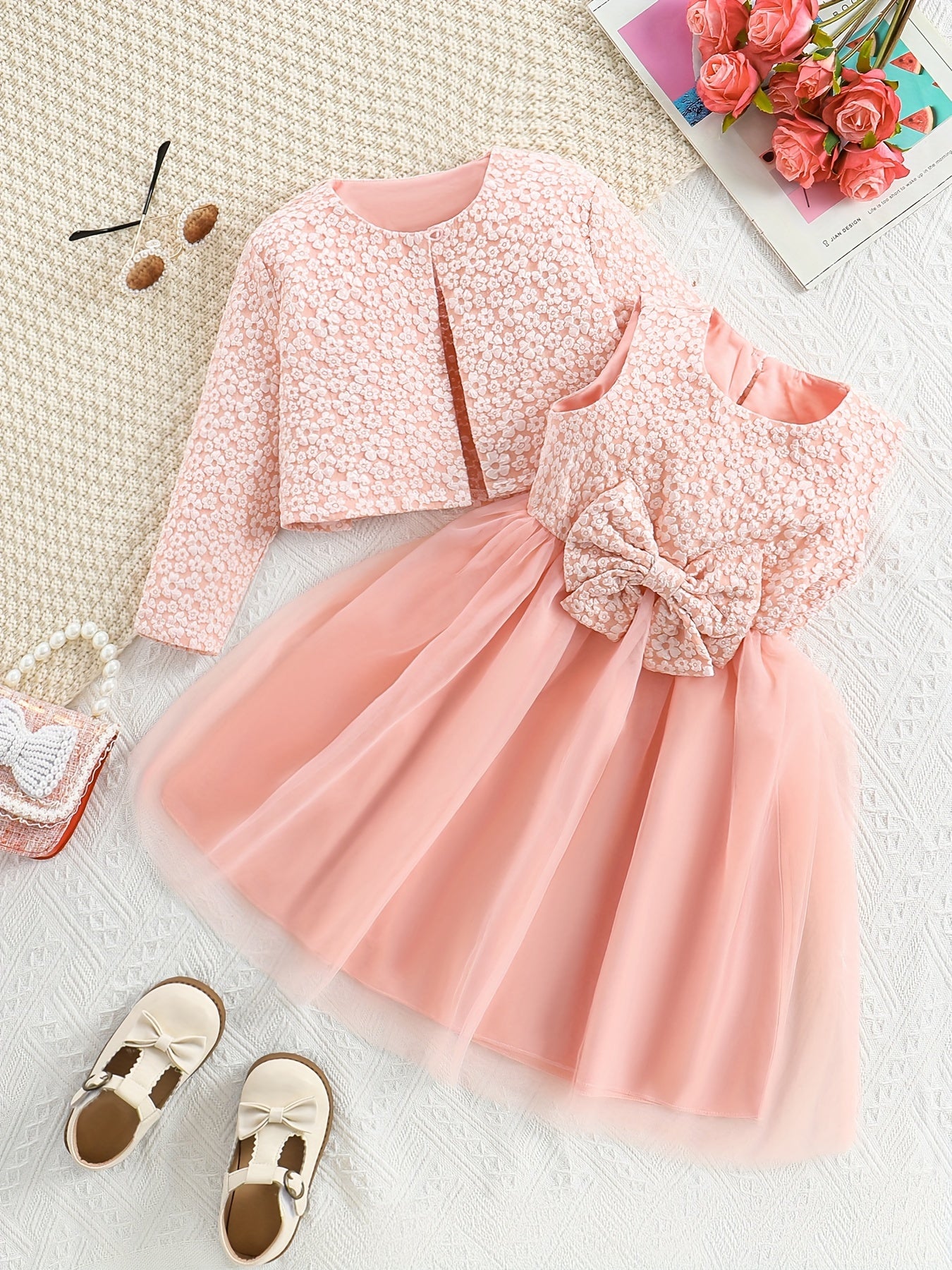 Girls' Casual Outfit Set: Crew neck cardigan and knee-high dress with tulle skirt in non-stretch fabric, perfect for spring/fall outdoor wear