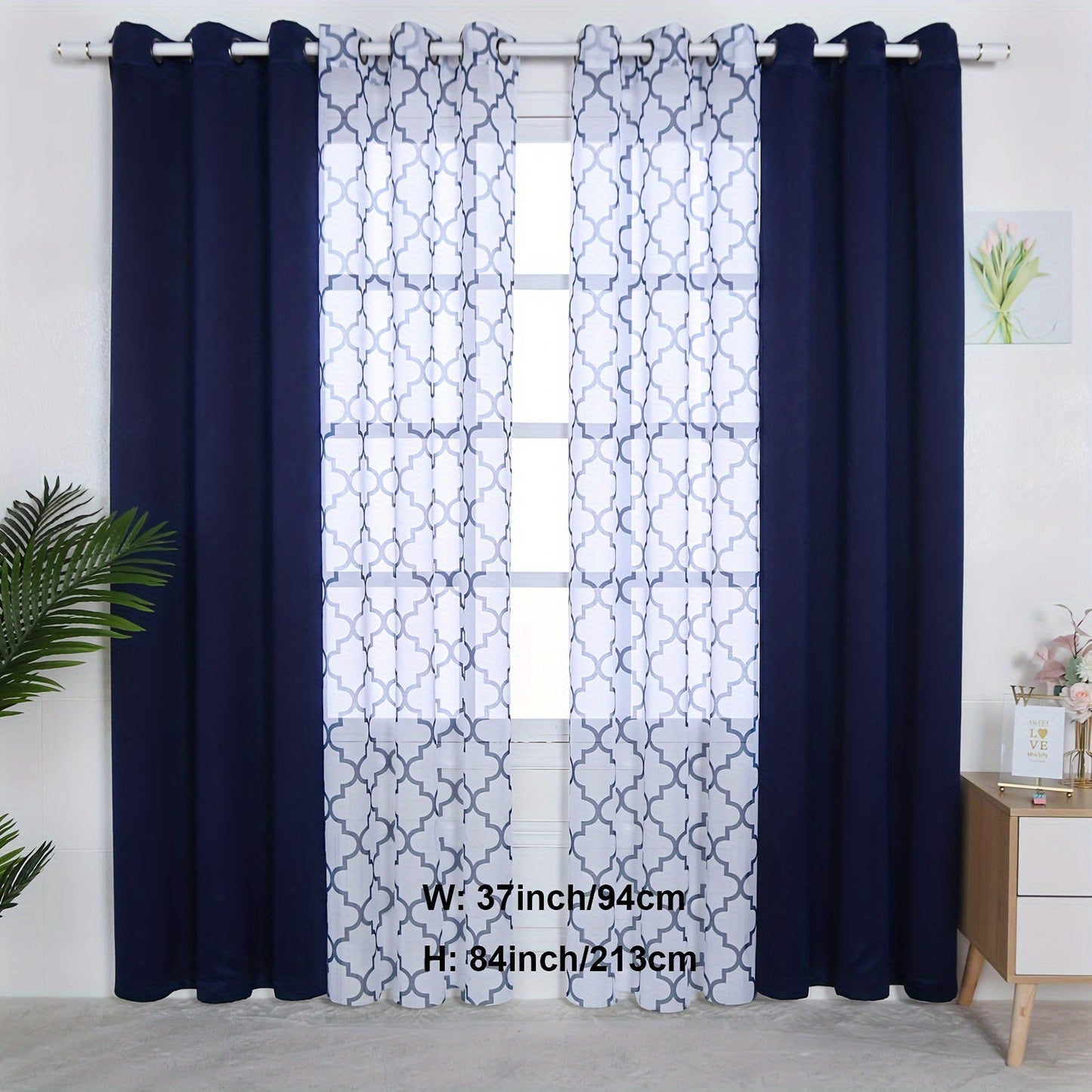 Blackout Curtains and Sheer Panels with Snowflake Pattern, Including Rods, Indoor Set of 4, Weighing 200 Grams in Total.