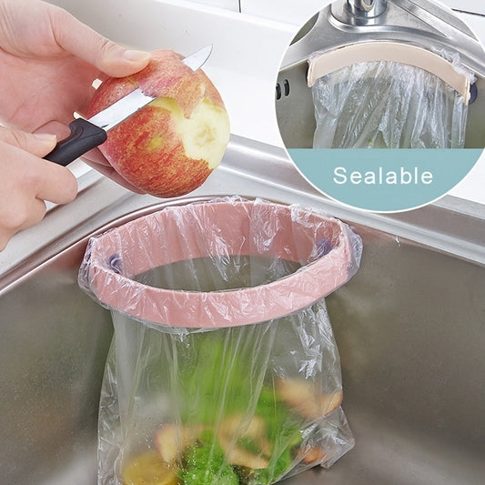 Kitchen Sink Silicone Garbage Bag Holder, No-Adhesive Trash Bag Clamp, Simple Set-Up, Compatible with Wall & Sink, Includes Organizer for Non-Food Items