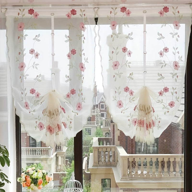 Roman curtain with elegant red flower embroidery, suitable for living room, bedroom, and kitchen. Ideal for adding a touch of sophistication to your indoor cafe kitchen decor.