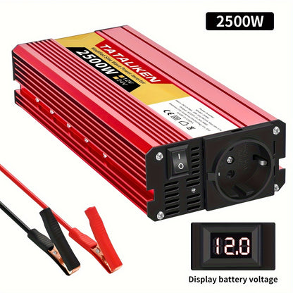 High-power 12V to 220V car inverter with 2500W-600W capacity, ideal for charging phones and tablets.