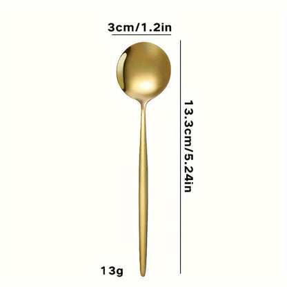 Get a set of 6/12 Gold-Tone Stainless Steel Dessert Spoons, ideal for use with coffee, tea, and other beverages. They are dishwasher safe, making them convenient for use in both home kitchens and restaurants. Perfect for special occasions such as