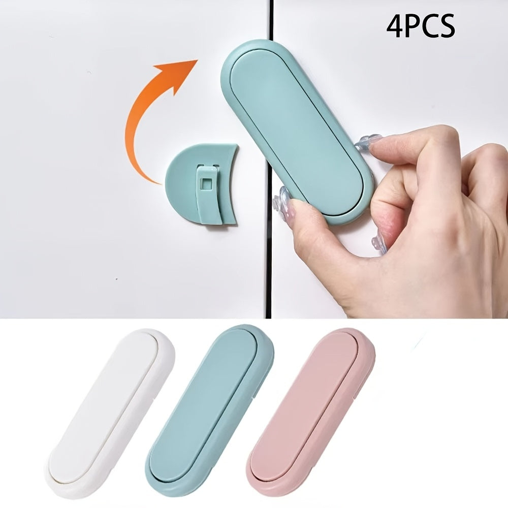 There are six child safety locks included in this set, made of BPA-free plastic. These multi-function cabinet and drawer closure buckles are white in color, suitable for use on freezers and kitchen cupboards. They are recommended for children ages 14 and