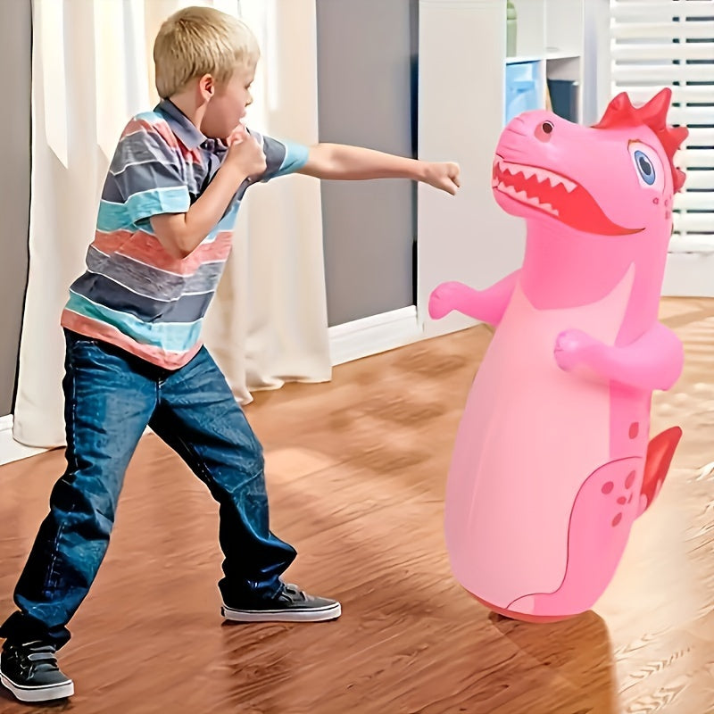 Inflatable dinosaur punching bag for kids, made of durable PVC, suitable for ages 3-6, for outdoor exercise and play. Available in yellow, green, and rose red.