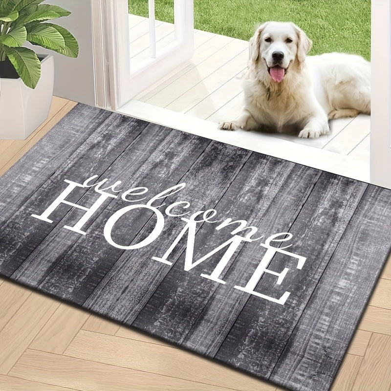 Wood panel design welcome mat made of non-slip, easy-to-clean, lightweight and fade-resistant material suitable for both indoor and outdoor use. Ideal for use in living rooms, bedrooms, kitchens, patios, and laundry rooms.