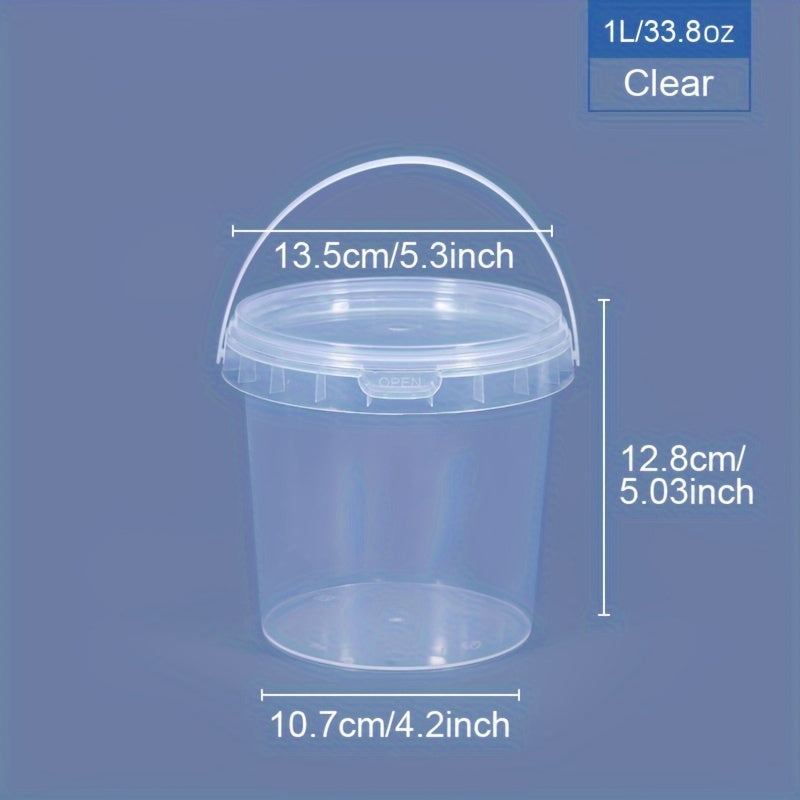 12-piece set of clear round PP Plastic Food Storage Containers with handles, ranging from 300ml to 1000ml in capacity. These containers are durable, resistant to high temperatures, odor-free, and safe for use in the microwave and freezer. They are also