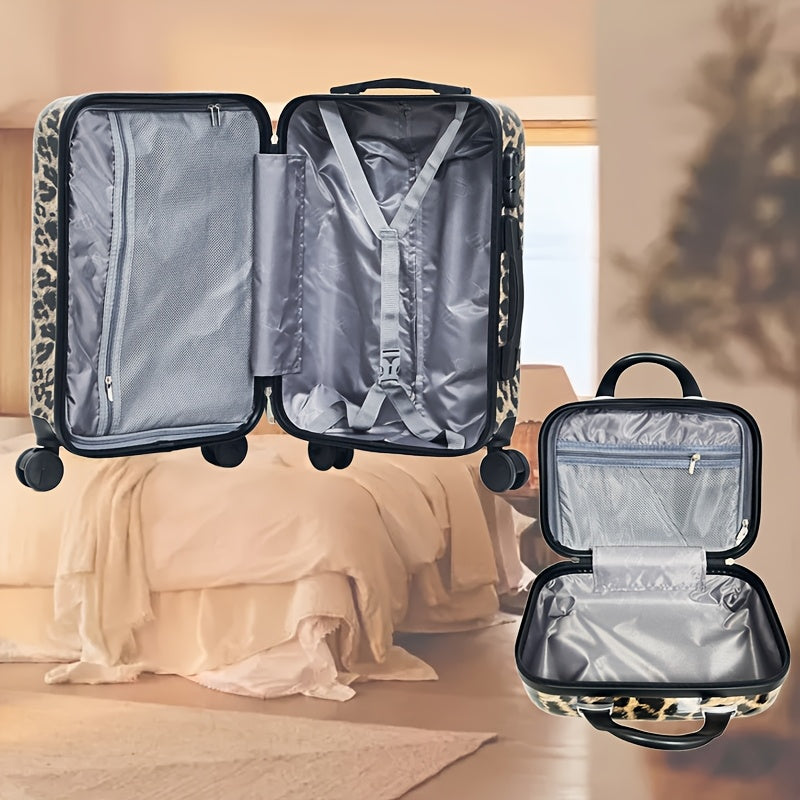 2-piece chic leopard print luggage set: 50.8cm hard-shell carry-on & 35.56cm cosmetic case. Made of durable ABS+PC material with TSA-approved combination lock and spinner wheels. Stylish