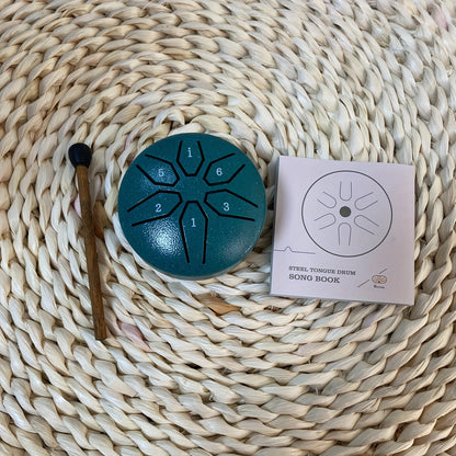 Compact steel tongue drum with 6 notes, perfect for beginners and music lovers. Ideal for camping, meditation, or yoga with clear, relaxing sound.