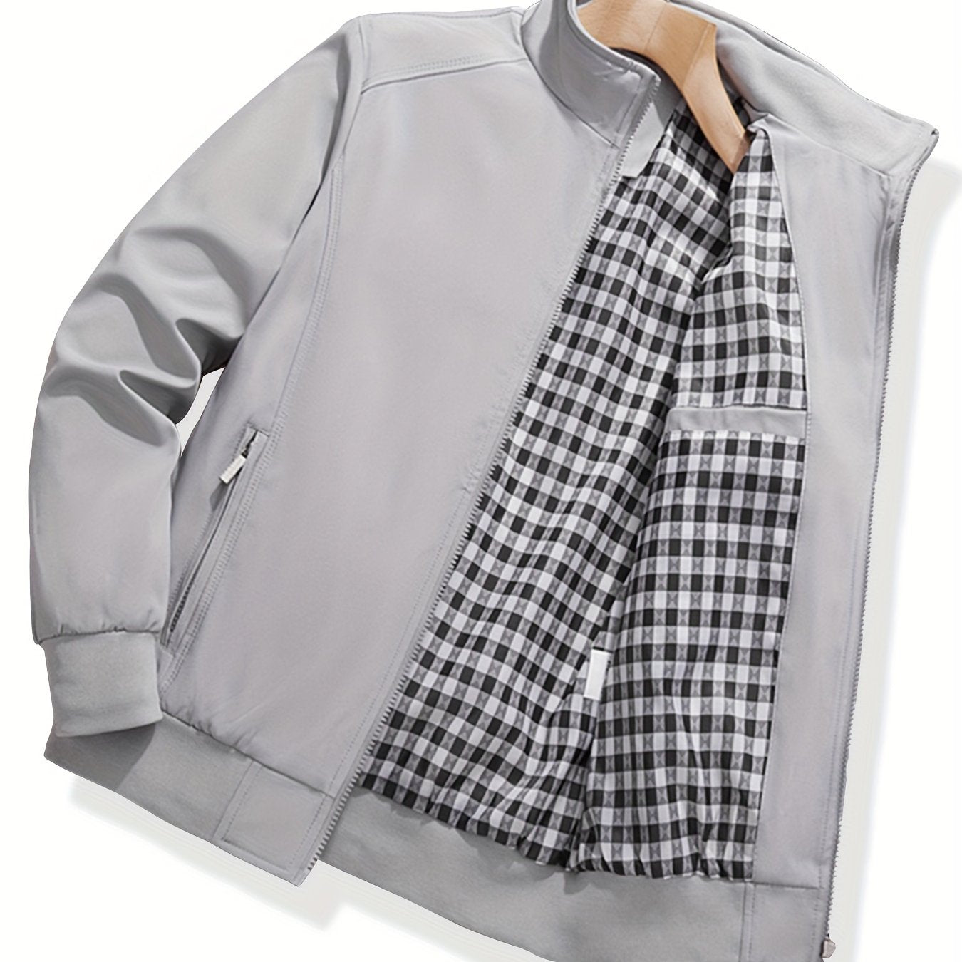 Men's Lightweight Windbreaker Jacket in Solid Gray with Checkered Detail Pocket - Casual Zip-Up with Stand Collar, made of Polyester - Ideal for Spring & Fall