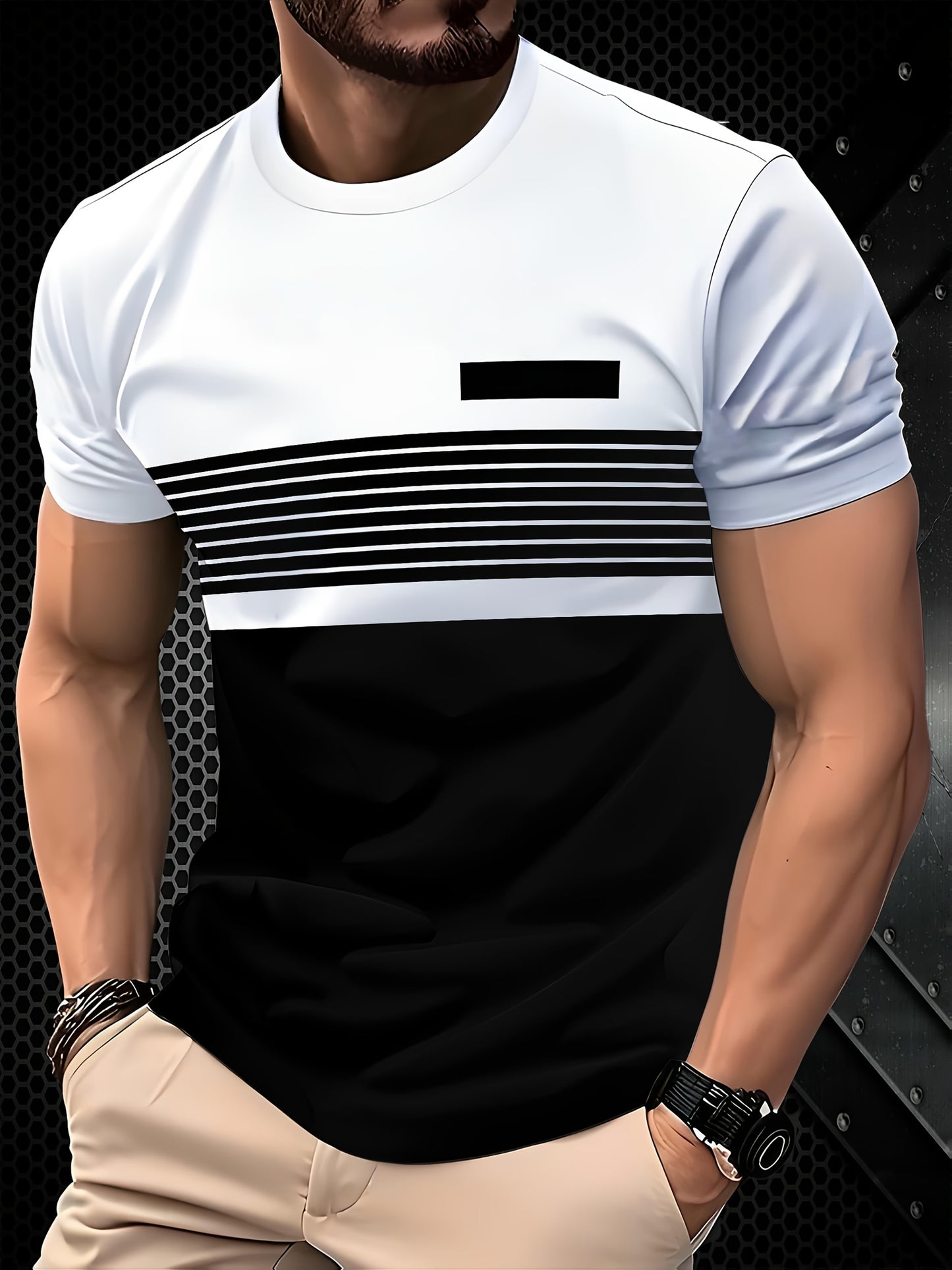 Men's striped 3D print tee - breathable poly blend, crew neck, short sleeve summer top.