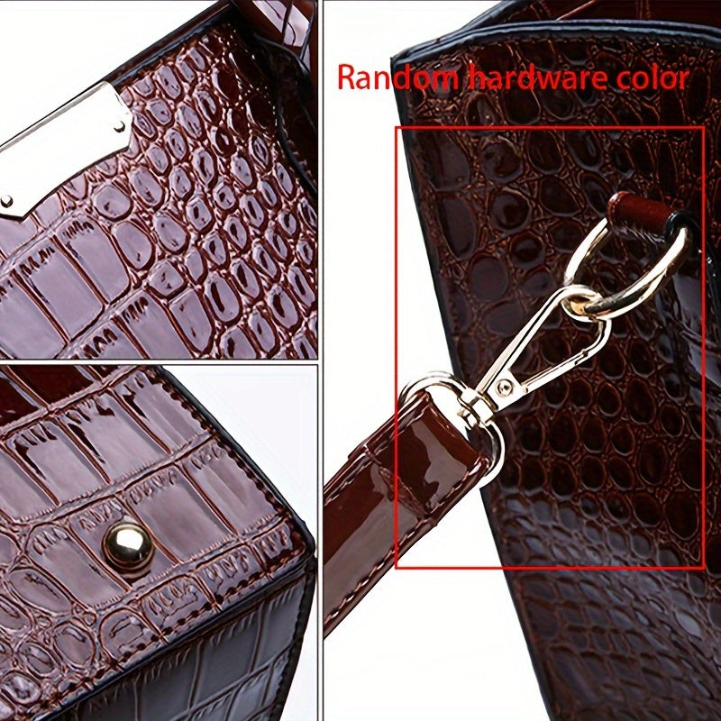 Trendy crocodile-embossed PU tote bag for women. Large capacity with glossy finish, zip closure, black polyester lining. Ideal for travel or gifting. Fashionable accessory with polyester