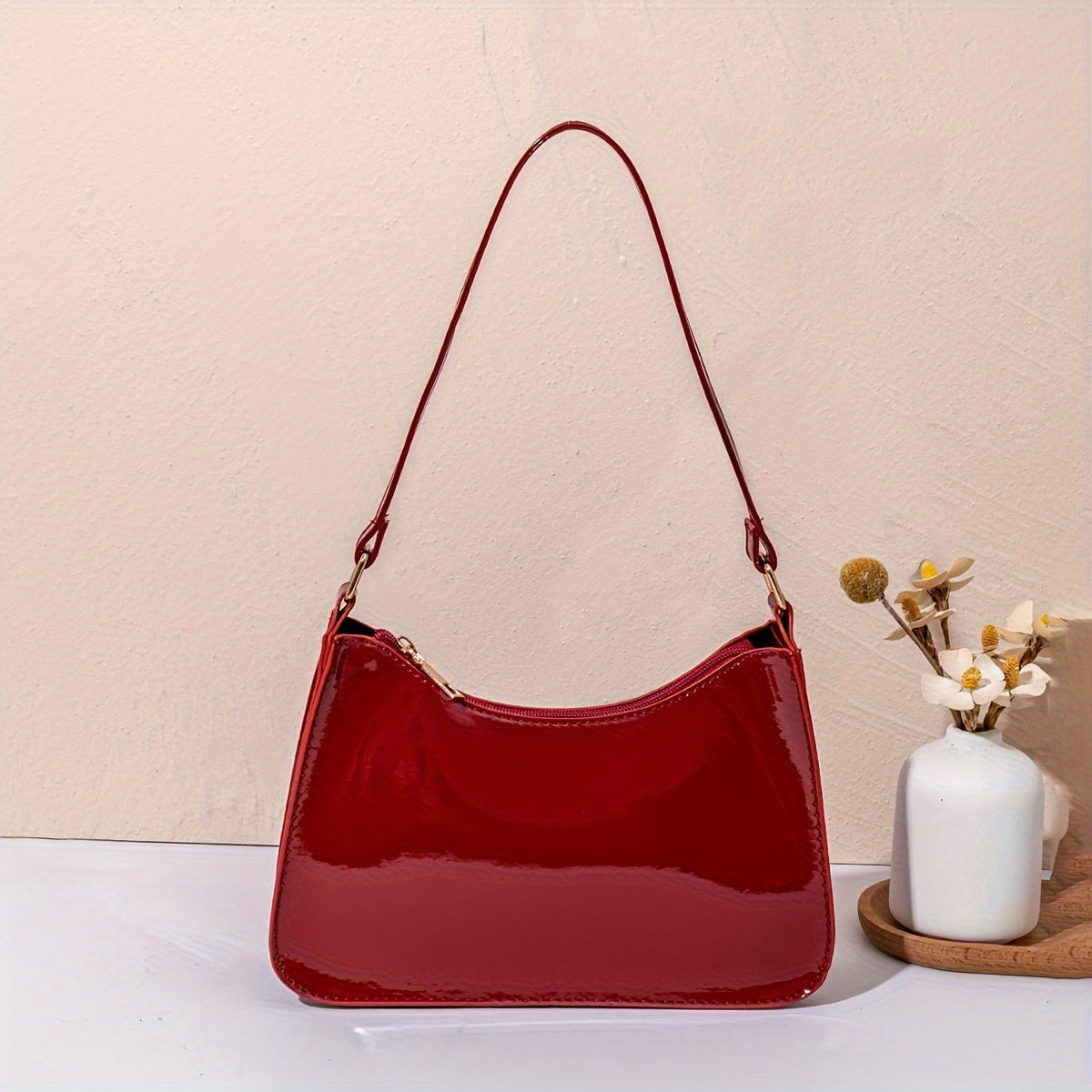 Women's Glossy Red PVC Shoulder Bag with Golden-Tone Hardware, Detachable Strap | Stylish Baguette for Everyday, Work, or Vacation | Ideal Gift for Moms and Girlfriends | Elegant Top Handle