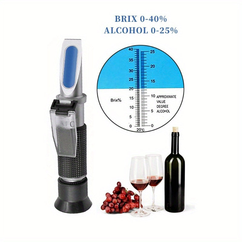 Portable alcohol and sugar refractometer measures alcohol content and Brix for wines, beers, and more - essential for kitchen and bar.