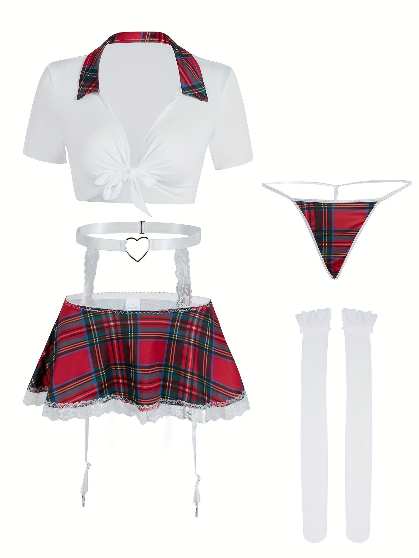 Sexy preppy cosplay costume set includes crop top, skirt, thong, garter belt, and stockings