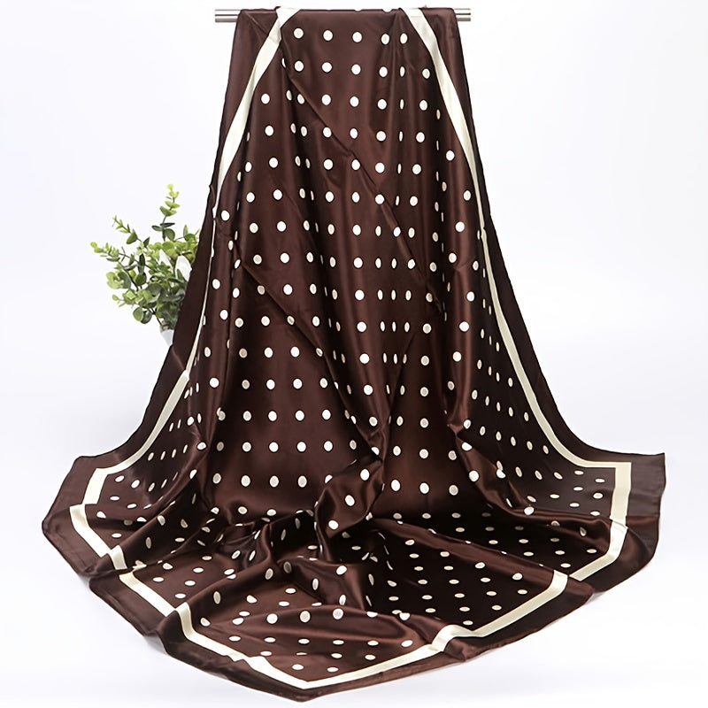 Lightweight silk faux scarf with fashion satin polka dot print, measures 88.9cm square.