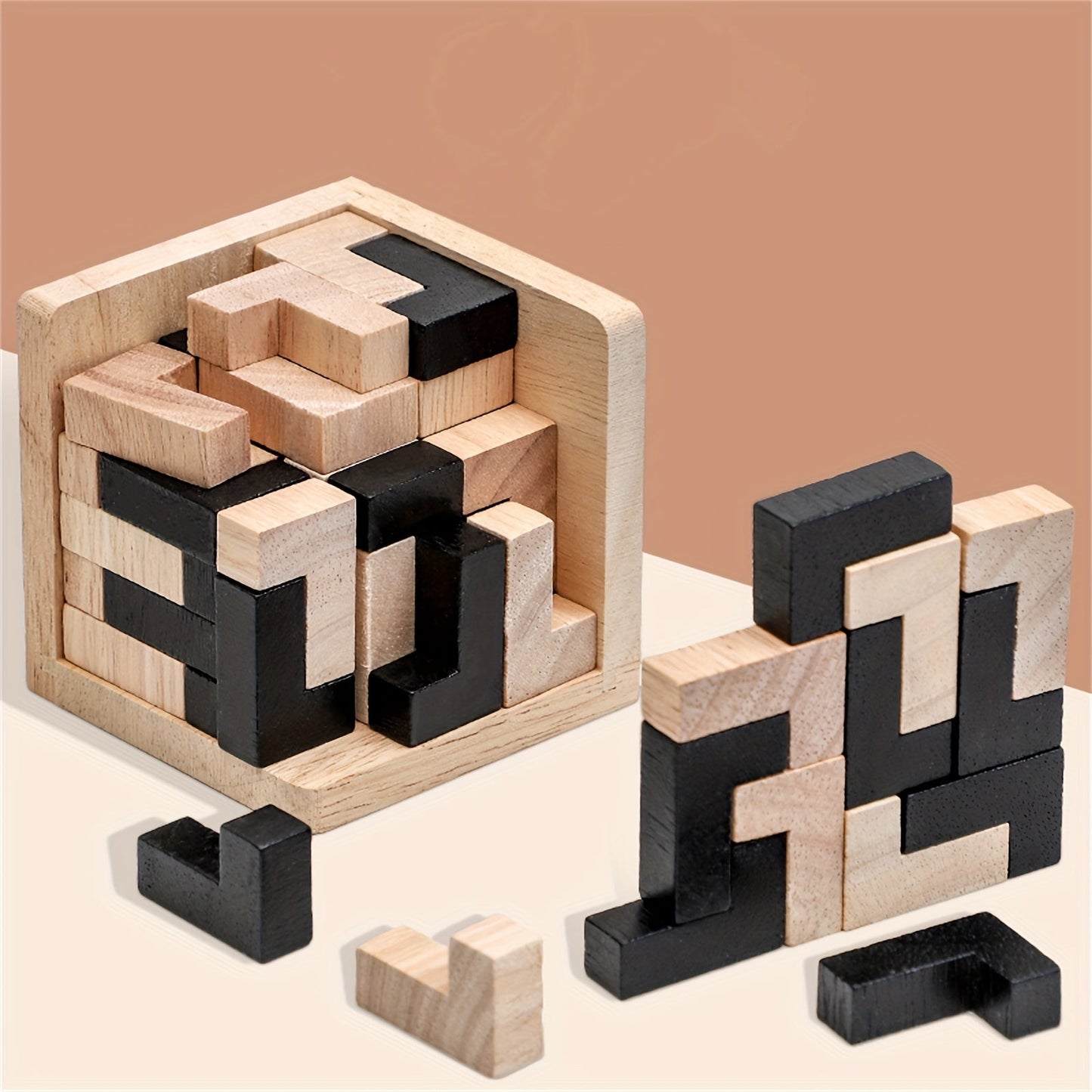 Wooden Brain Teaser Puzzle Cube with 54 Pieces, Educational L-Shaped Jigsaw Logic Puzzle Toy made of Wood