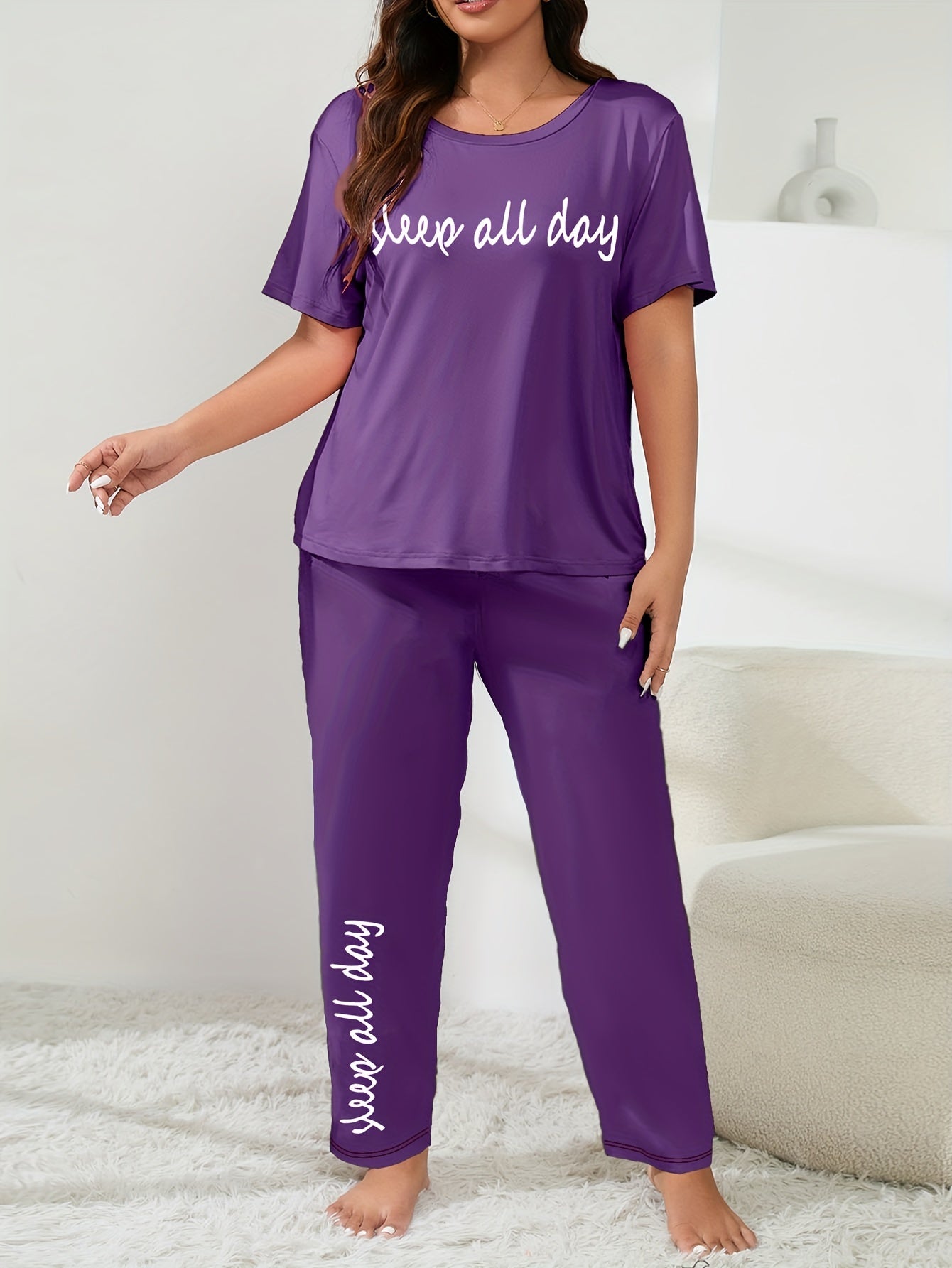 Women's Plus Size Casual Lounge Set with Slogan Print Tee & Pants