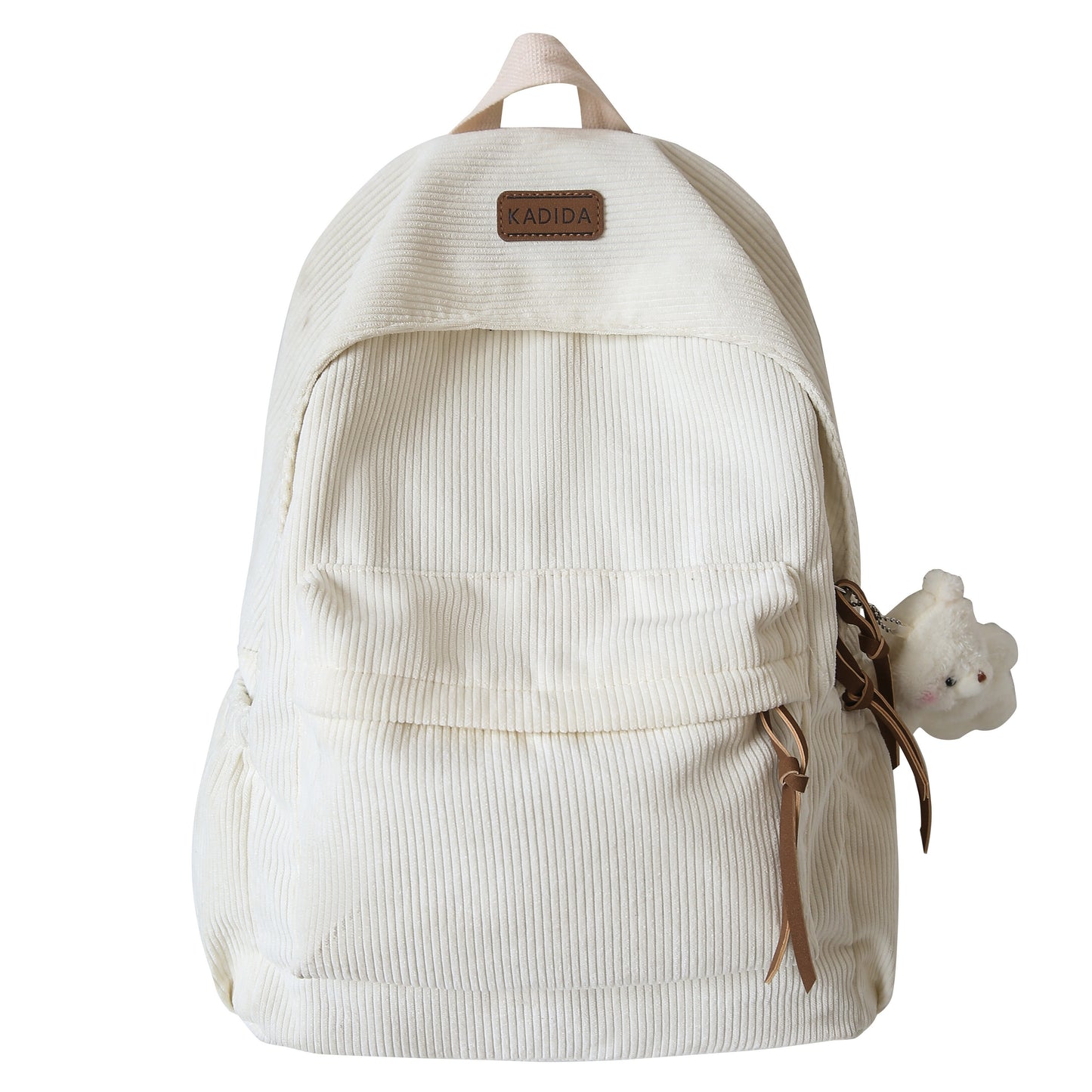 Large capacity women's corduroy backpack with cute bear pendant, ideal for high school and junior high.