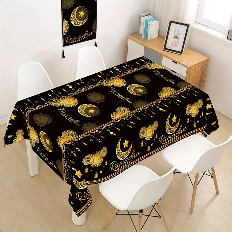 Ramadan-themed disposable plastic tablecloth with black and golden moon, lantern, and star design, sized 130x220cm. Perfect for Eid Al-Fitr & Eid Al-Adha celebrations.