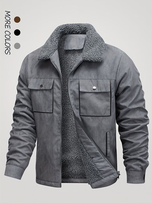 Men's Winter Fleece-Lined Warm Jacket - Brown, Zip-Up Closure, Pockets, Turn- Collar - Outdoor Coat